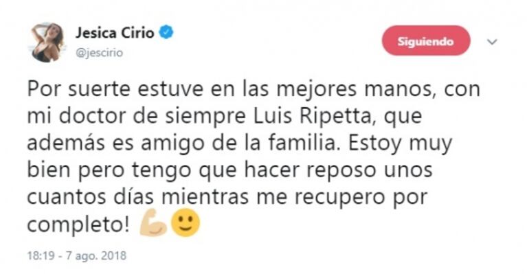 Jésica Cirio fue operada de una hernia umbilical: "Estoy muy bien, pero tengo que hacer reposo varios días"