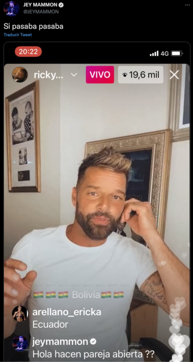 Jey Mammon le dedicó un pícaro mensaje a Ricky Martin en un vivo de Instagram: "¿Hacen pareja abierta?"