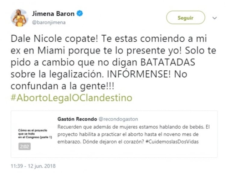 Jimena Barón a Nicole Neumann: "Te estás comiendo a mi ex porque te lo presenté, a cambio te pido que no digas batatadas sobre la legalización del aborto"