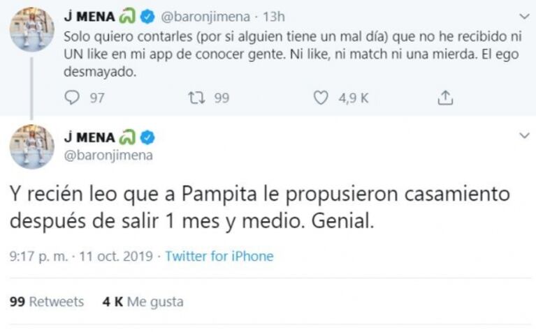 Jimena Barón, al enterarse de que se casa Pampita: "Yo no recibí ni un like en mi aplicación para conocer gente"