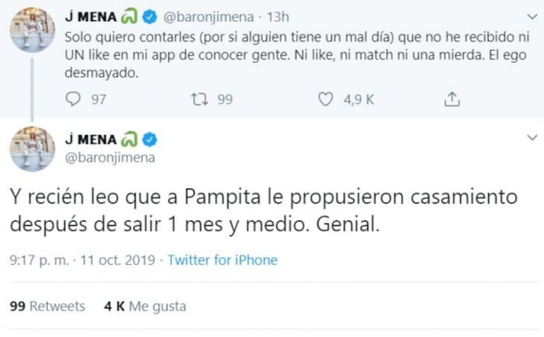 Jimena Barón, al enterarse de que se casa Pampita: "Yo no recibí ni un like en mi aplicación para conocer gente"