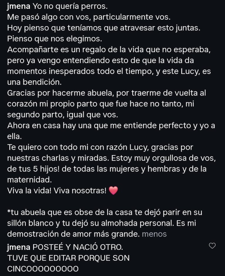 Jimena Barón celebró la llegada de sus nietitos perrunos (Foto: Instagram).