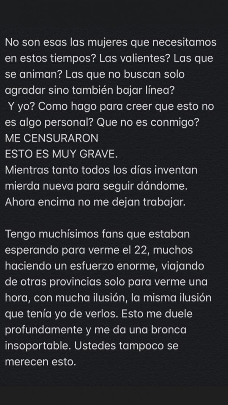 Jimena Barón explotó tras la cancelación de un show y denuncia que fue censurada: "La fuerza que junté se desmoronó"