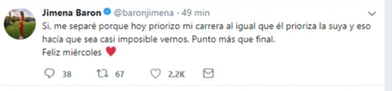 Jimena Barón, furiosa por la tapa de Pronto sobre su ruptura de Del Potro: "Jamás diría nada malo sobre él"
