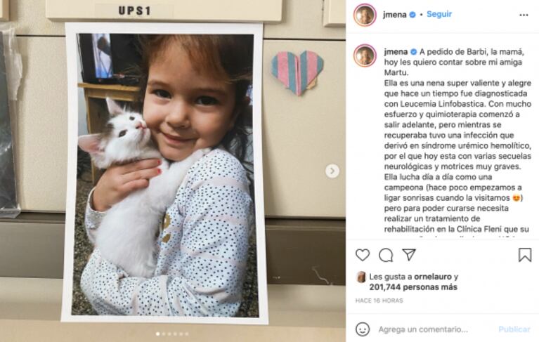 Jimena Barón hizo un importantísimo pedido para ayudar a Martu, una nena que padece leucemia linfoblástica: "Es súper valiente"