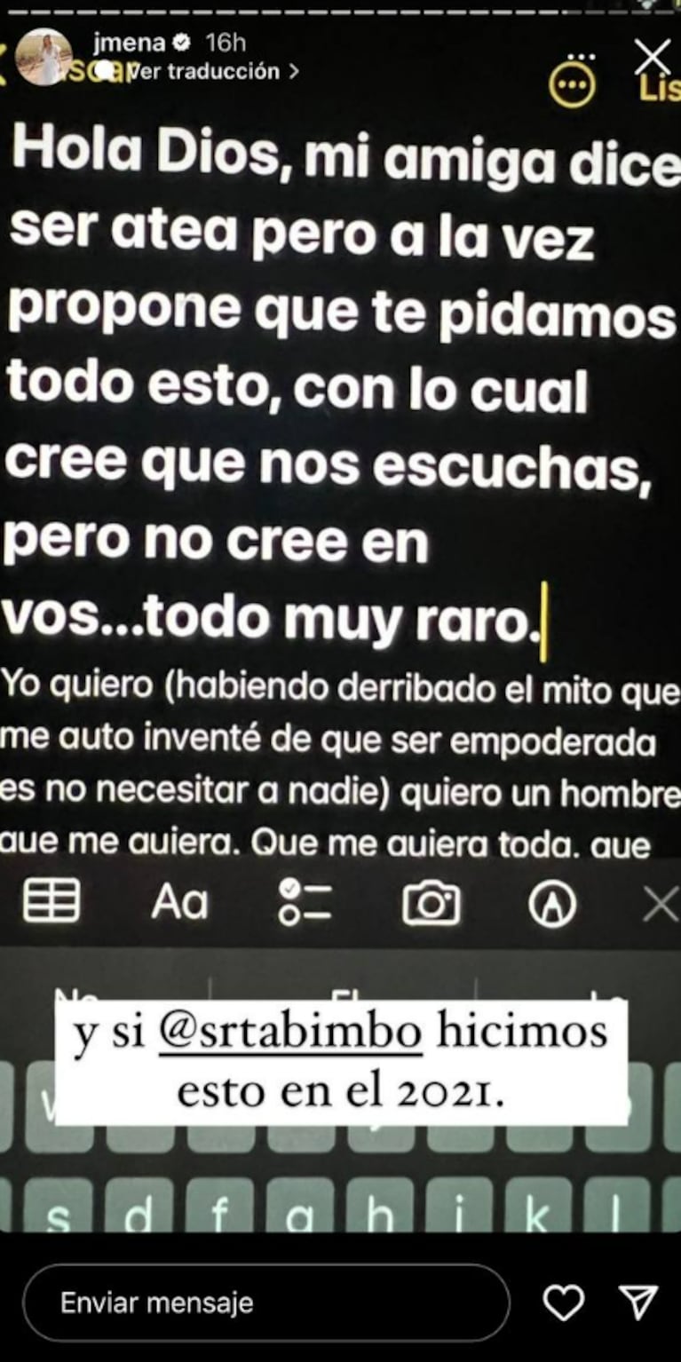 Jimena Barón mostró la carta que le escribió a Dios pidiéndole un novio antes de conocer a Matías Palleiro
