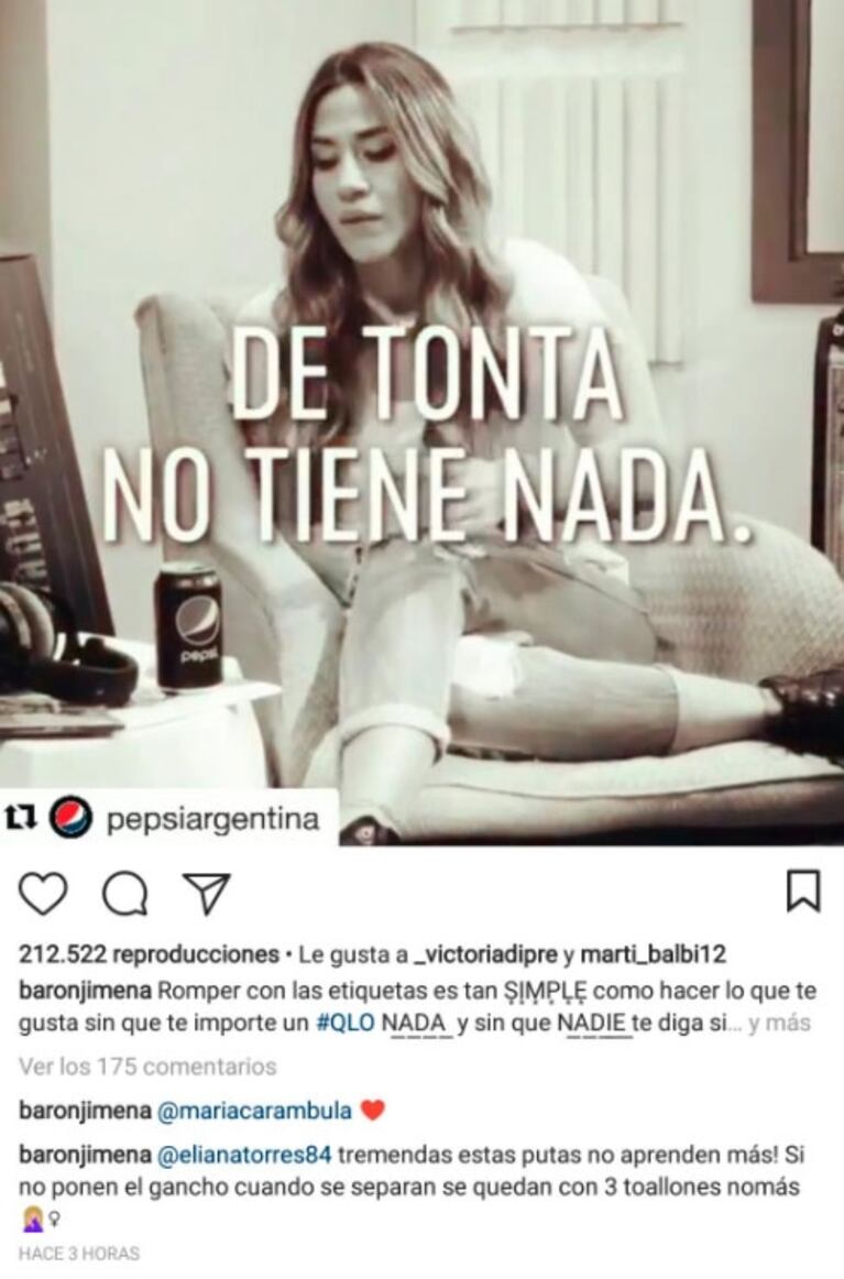 Jimena Barón recibió un agresivo comentario en Instagram ¡y no se quedó callada!: "Tengo los ovarios cromados"    
