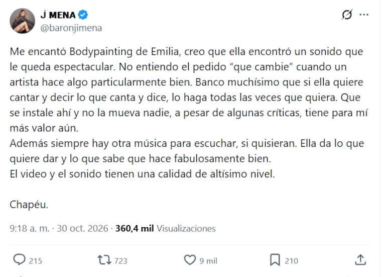 Jimena Barón salió a bancar a Emilia Mernes (Foto: captura de X).