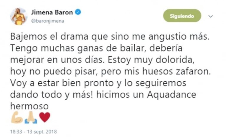 Jimena Barón se accidentó mientras ensayaba para el aquadance: "Me lesioné haciendo la mortal"