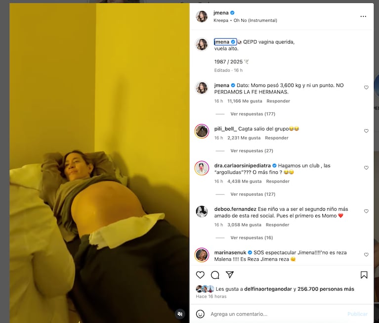 Jimena Barón se despidió de su vagina antes del parto: “QEPD, vuela alto”. Crédito: Instagram