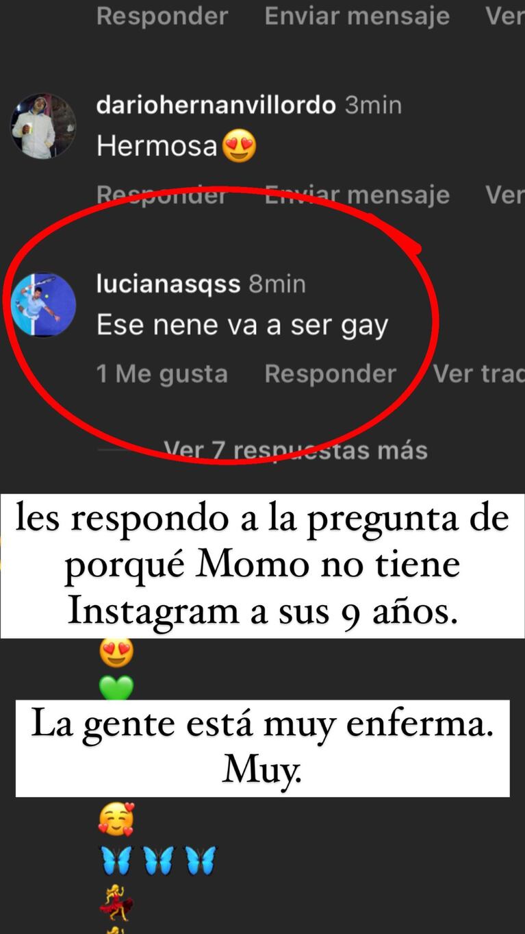 Jimena Barón se indignó por un desubicado comentario sobre su hijo Momo Osvaldo en Instagram