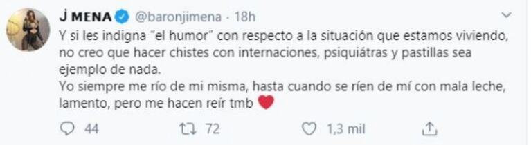 Jimena Barón, tras ser criticada por hacer 'humor' en cuarentena: "Me entristece la necesidad de odiar"
