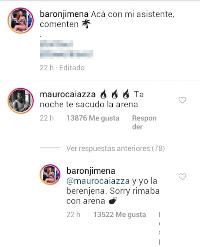 Jimena Barón y el divertido ida y vuelta hot con Mauro Caiazza: "‘Ta noche te sacudo la arena"