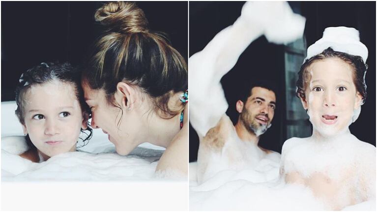 Jimena Barón y sus tiernas fotos con Mauro Caiazza y Momo en un jacuzzi: Guerra de espuma