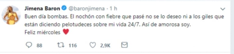 Jimena Barón y un picante tweet en medio de críticas: "Giles que están diciendo pelotudeces sobre mi vida"