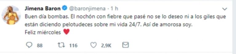 Jimena Barón y un picante tweet en medio de críticas: "Giles que están diciendo pelotudeces sobre mi vida"