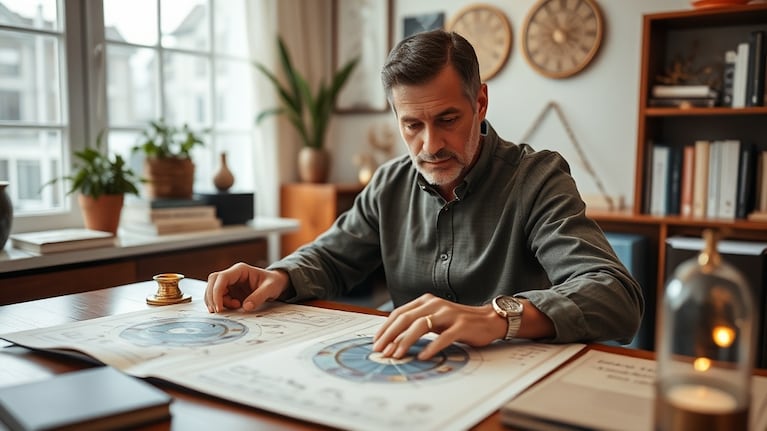 Jimena La Torre analizando signos zodiacales en su oficina. (Foto: Imagen ilustrativa generada con IA)