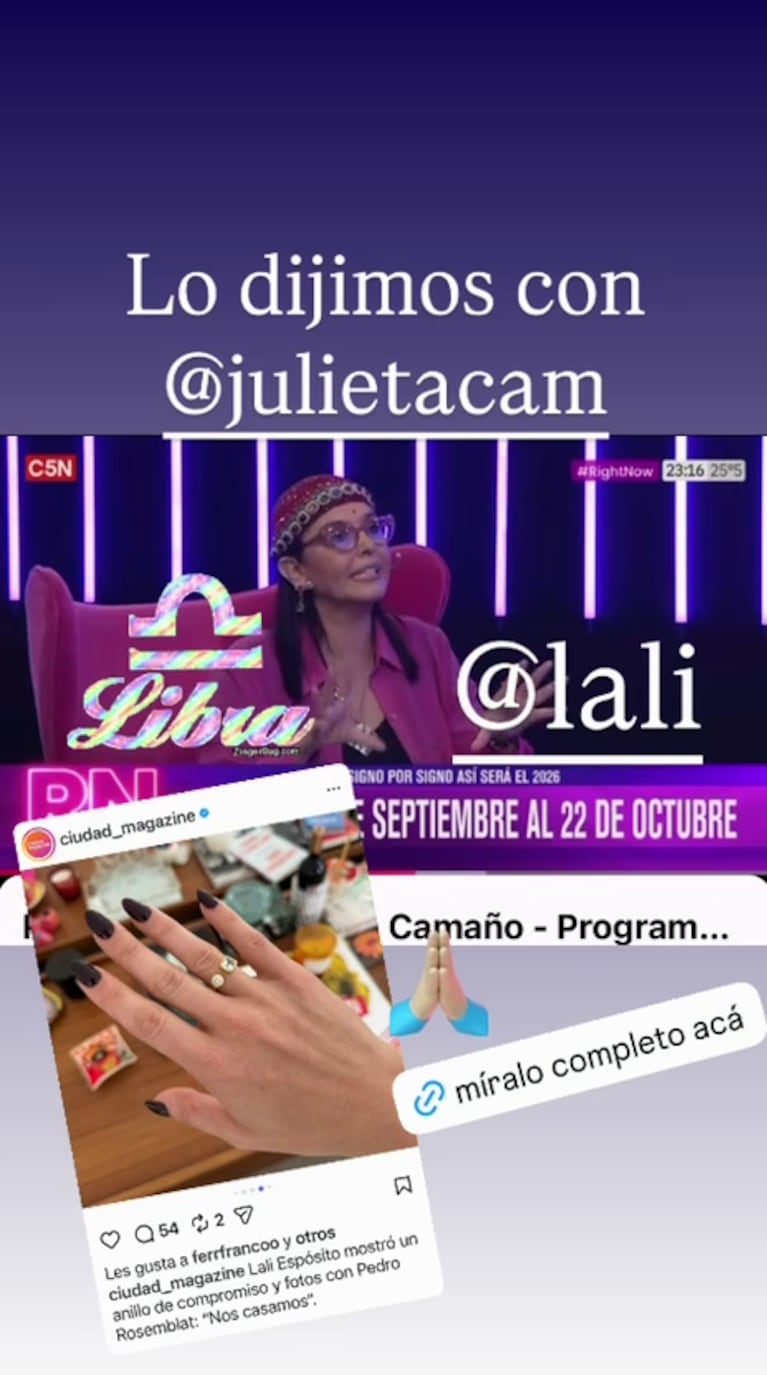 Jimena La Torre predijo el casamiento de Lali Espósito y Pedro Rosemblat (Foto: captura de @julietacam).