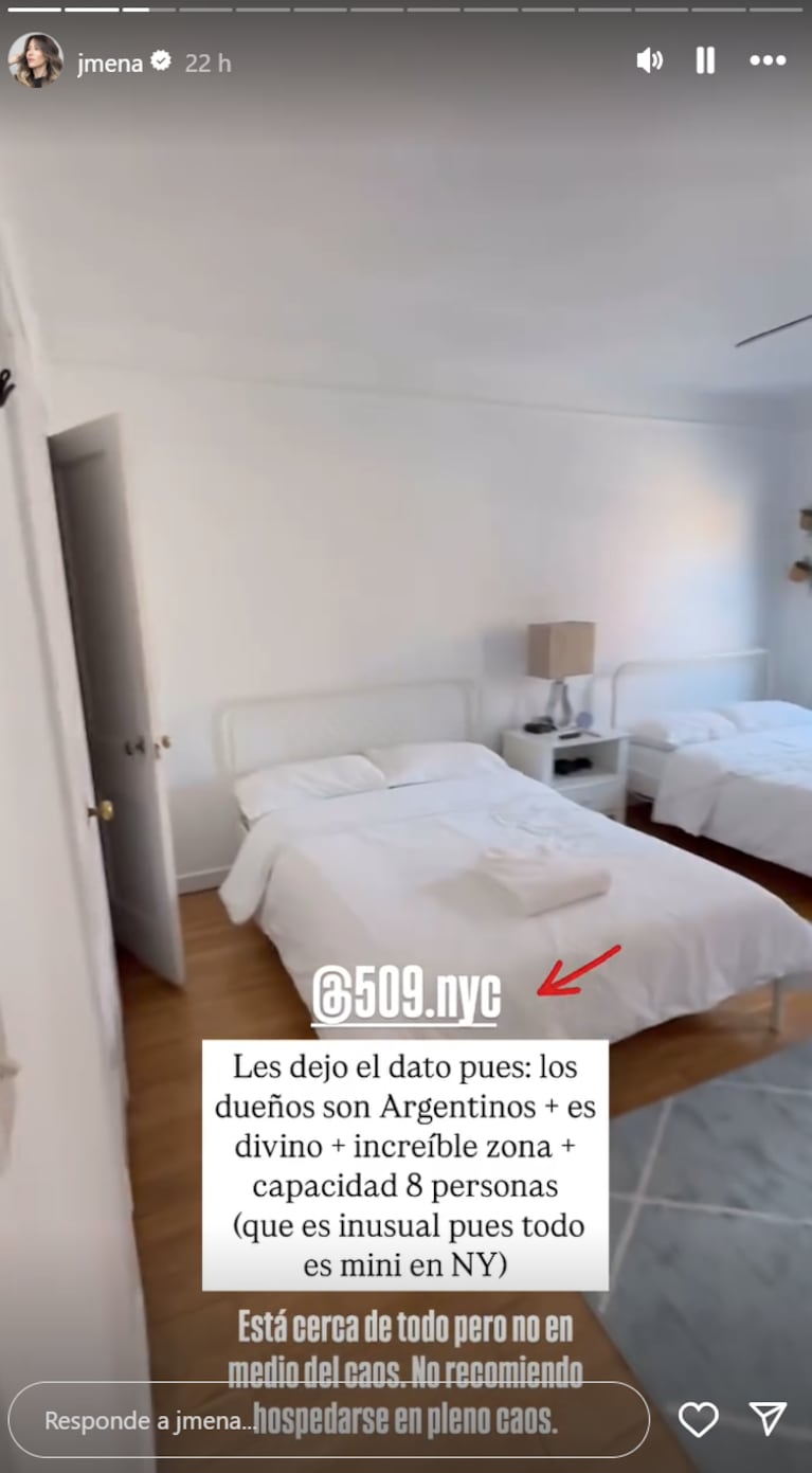 Jimena se hospedó en un departamento en Nueva York. Foto: IG | jmena