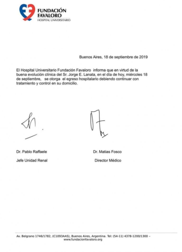 Jorge Lanata fue dado de alta, tras un cuadro de hipertensión: continuará el tratamiento en su domicilio