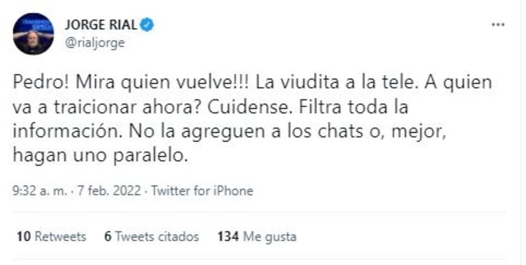 Jorge Rial acusó a Marina Calabró de traidora y de filtrar información: "Vuelve la viudita de la tele"