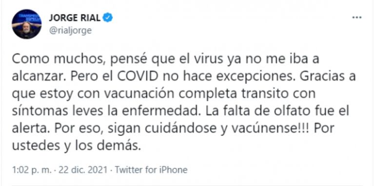 Jorge Rial dio positivo de coronavirus: "Como muchos, pensé que el virus ya no me iba a alcanzar"