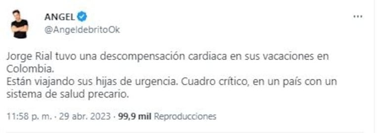 Jorge Rial fue internado de urgencia en Colombia: "Están viajando sus hijas"