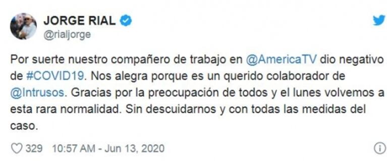  Jorge Rial informó que su compañero de Intrusos no tiene coronavirus: "Dio negativo de Covid-19"