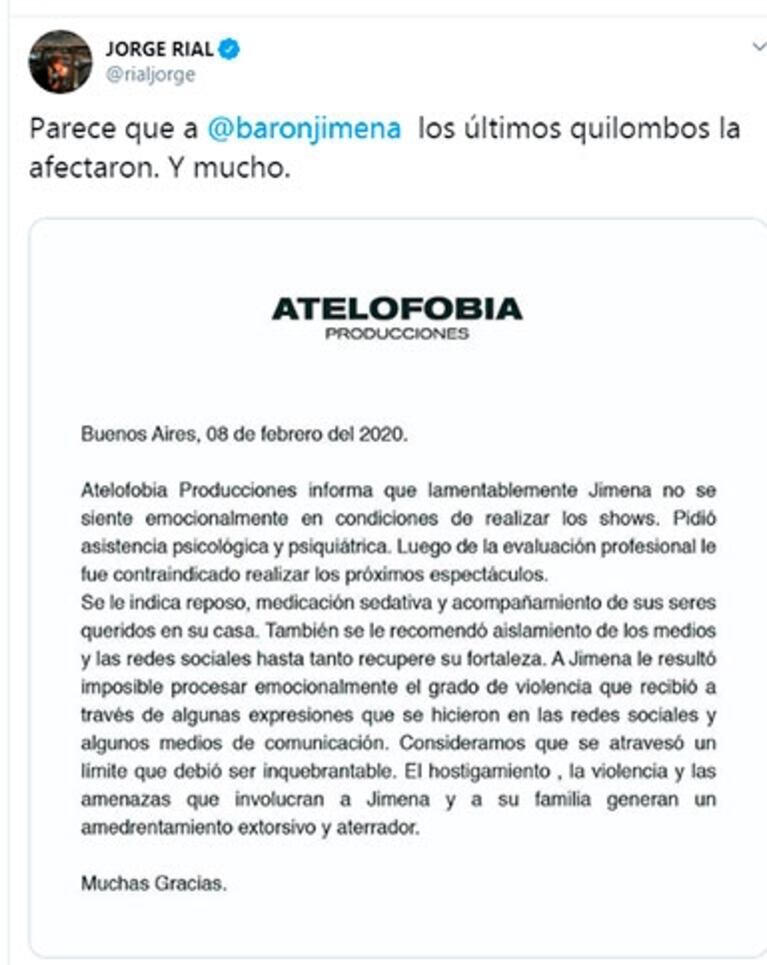 Jorge Rial, sobre el quiebre de Jimena Barón: "Los quilombos la afectaron mucho"