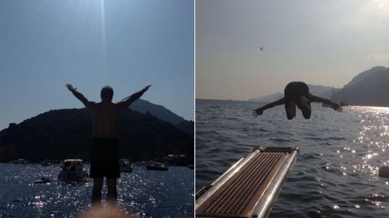 Jorge Rial tirándose al Mediterráneo. (Fotos: Twitter @rialjorge)