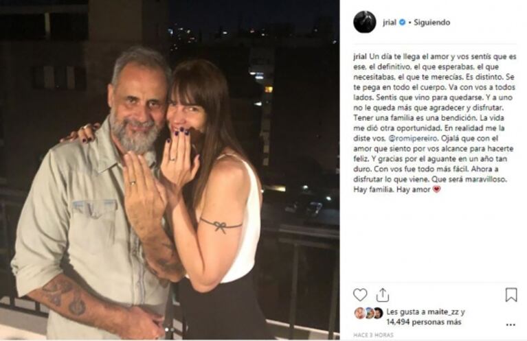 Jorge Rial y su romántico mensaje para Romina Pereiro tras comprometerse: "Hay familia, hay amor"