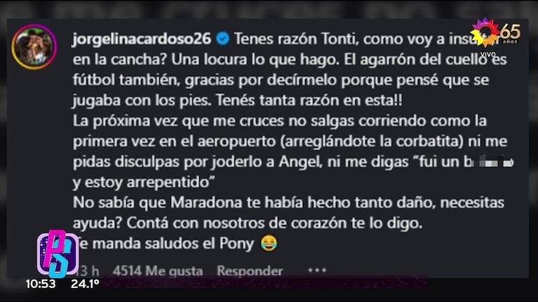 Jorgelina Cardoso le contestó a Toti Pasman (Foto: captura de eltrece).