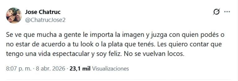 José Chatruc respondió a las críticas por su relación con Sabrina Rojas. Crédito: X