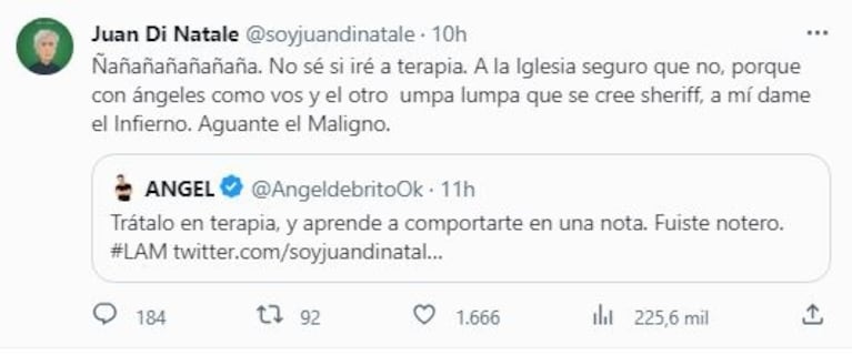 Juan Di Natale cruzó sin filtro a De Brito tras las repercusiones por su nota a LAM: "El problema lo tengo con vos, no juego al juego que jugás"