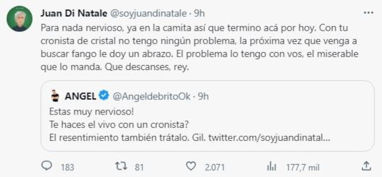 Juan Di Natale cruzó sin filtro a De Brito tras las repercusiones por su nota a LAM: "El problema lo tengo con vos, no juego al juego que jugás"