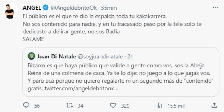 Juan Di Natale cruzó sin filtro a De Brito tras las repercusiones por su nota a LAM: "El problema lo tengo con vos, no juego al juego que jugás"