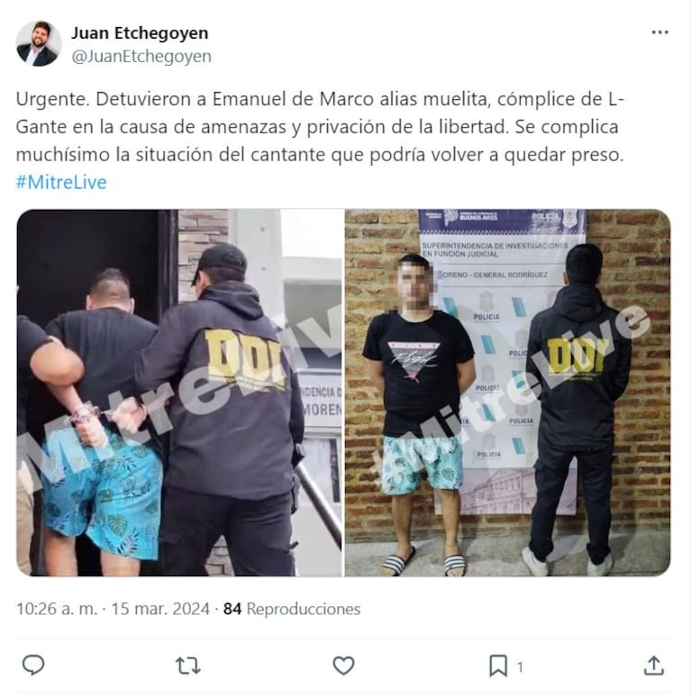 Juan Etchegoyen reveló que detuvieron al supuesto cómplice de L-Gante.