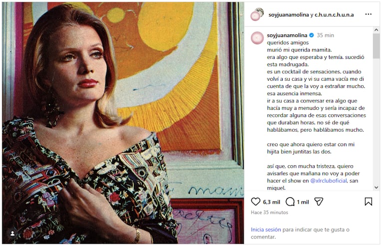 Juana Molina comunicó la muerte de Chunchuna Villafañe, su mamá.
