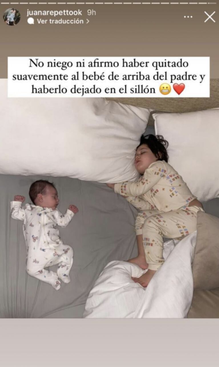 Juana Repetto compartió tiernas postales de sus noches con su bebé, Toro y Sebastián Graviotto: "Ya te dormí a todos los nenes"