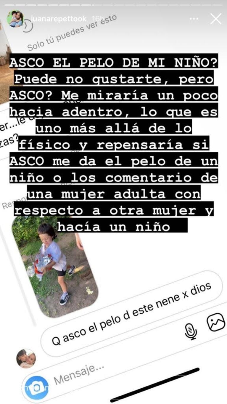 Juana Repetto contestó sin filtro a una mujer que criticó a su hijo: "Nos importa un bledo su opinión"