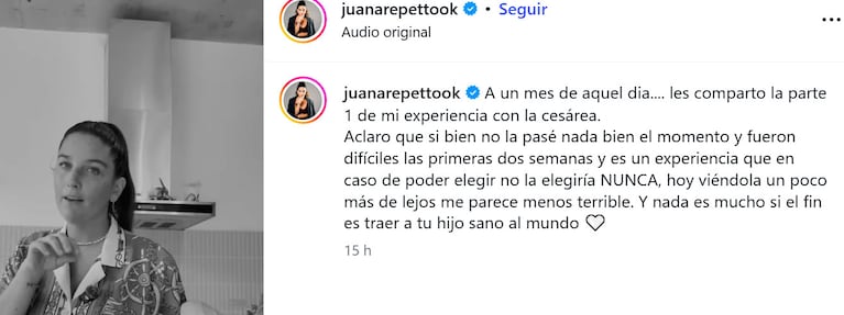 Juana Repetto contó cómo vivió la cesárea de Timoteo