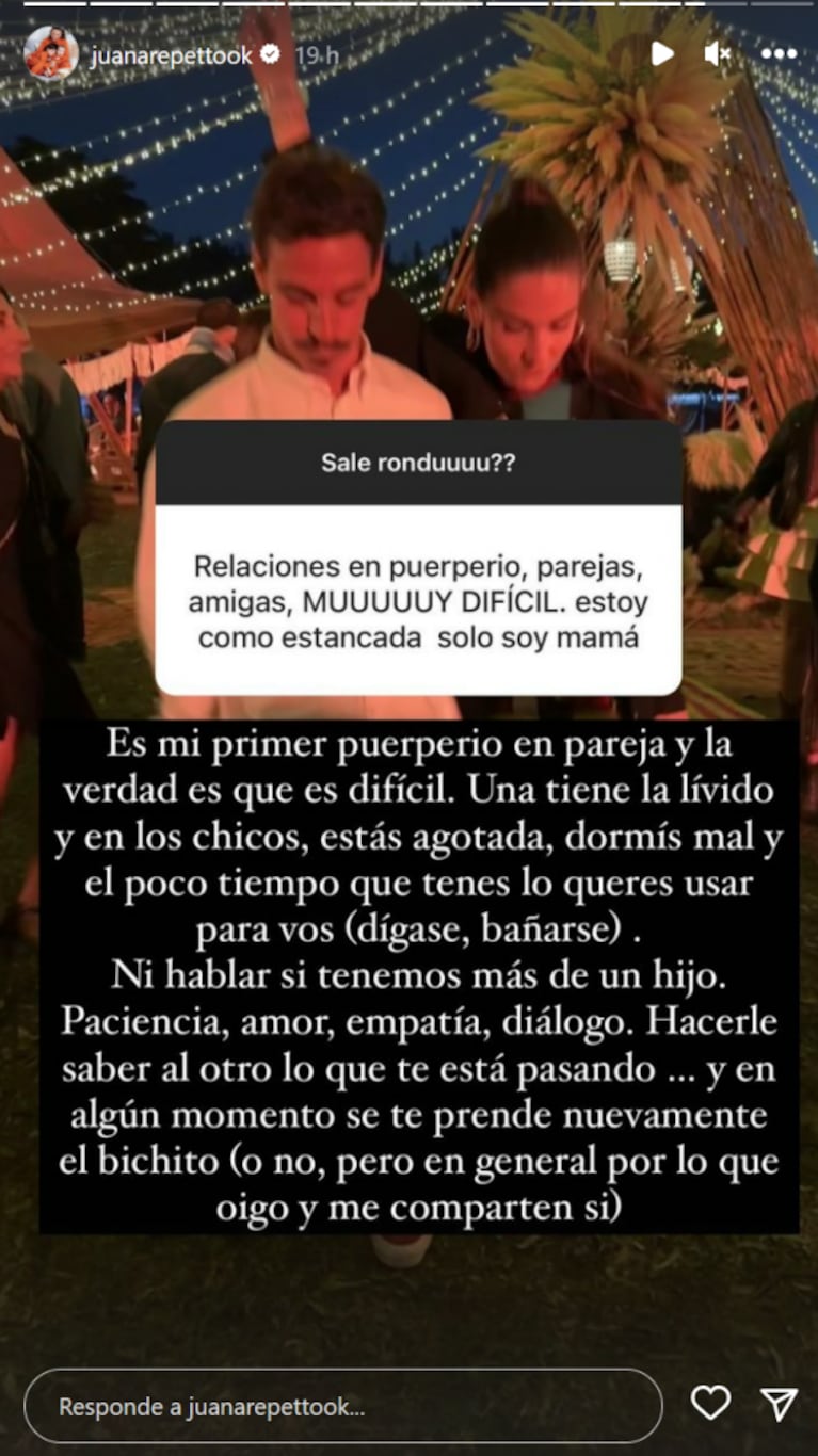 Juana Repetto contó lo que cuesta tener intimidad con su pareja tras el nacimiento de Belisario