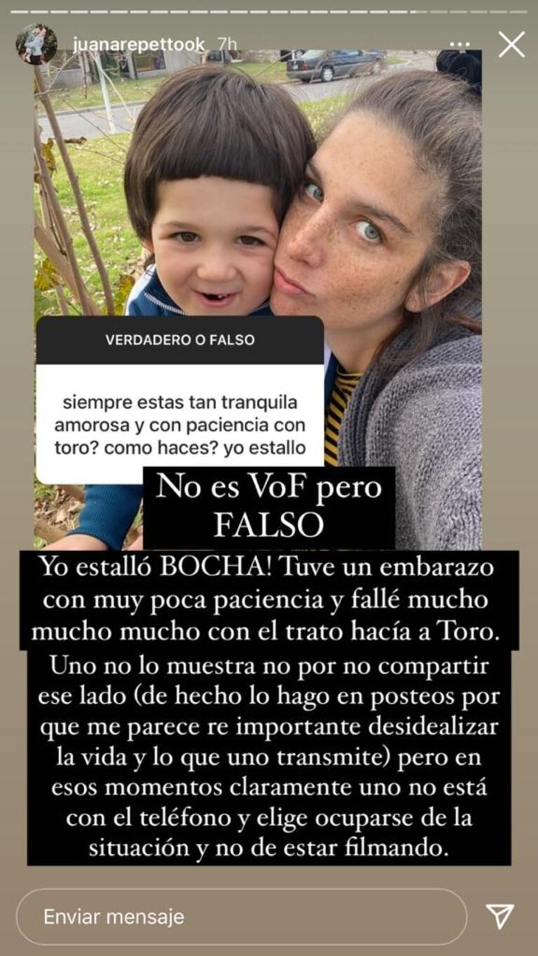 Juana Repetto contó por qué no muestra los momentos en los que pierde la paciencia con Toribio: "En esa situación uno claramente no está con el teléfono"
