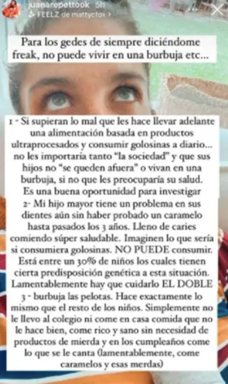 Juana Repetto contó que el jardín afectó la alimentación de su hijo Toro: "Nos re perjudicó"