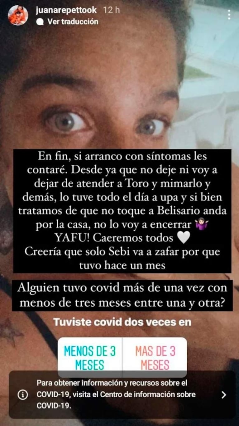 Juana Repetto contó que Toro tiene Covid y que lo aisló de Belisario: "Lo tuve todo el día a upa"