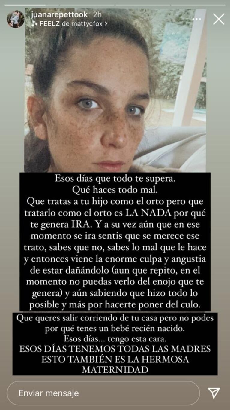 Juana Repetto hizo catarsis y contó el lado B de la maternidad: "Querés salir corriendo de tu casa"