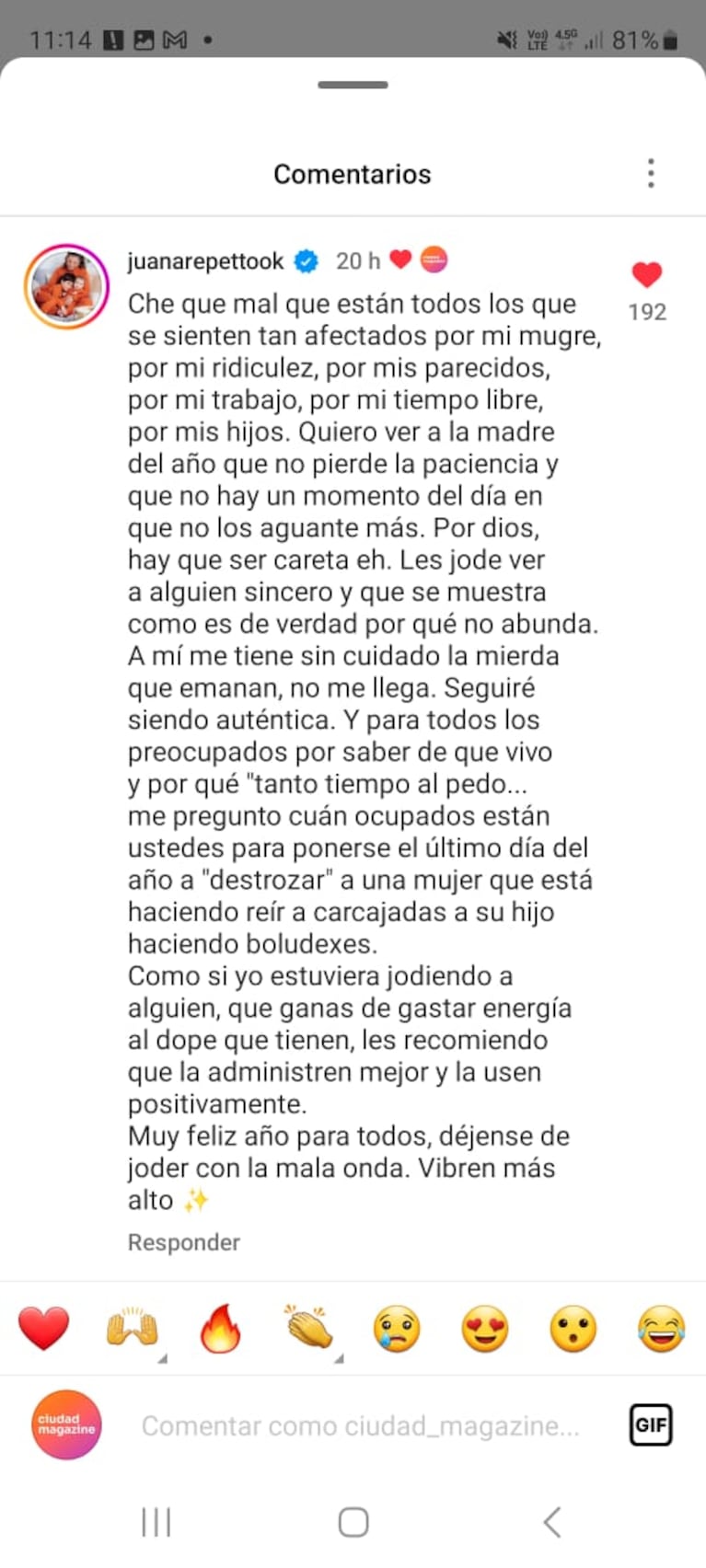Juana Repetto hizo un descargo en el perfil de Instagram de Ciudad.
