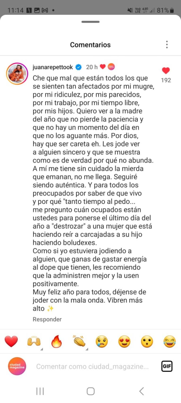 Juana Repetto hizo un descargo en el perfil de Instagram de Ciudad.