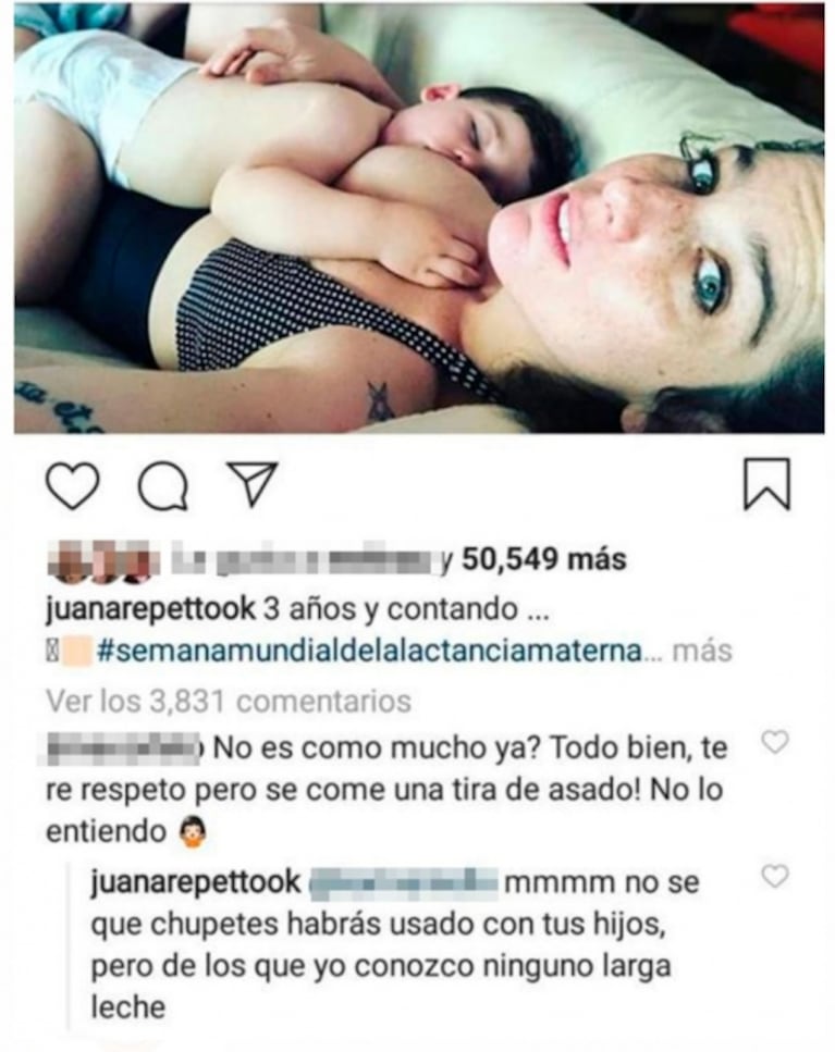 Juana Repetto posteó una foto amamantando a su hijo de 3 años y se cruzó con una seguidora