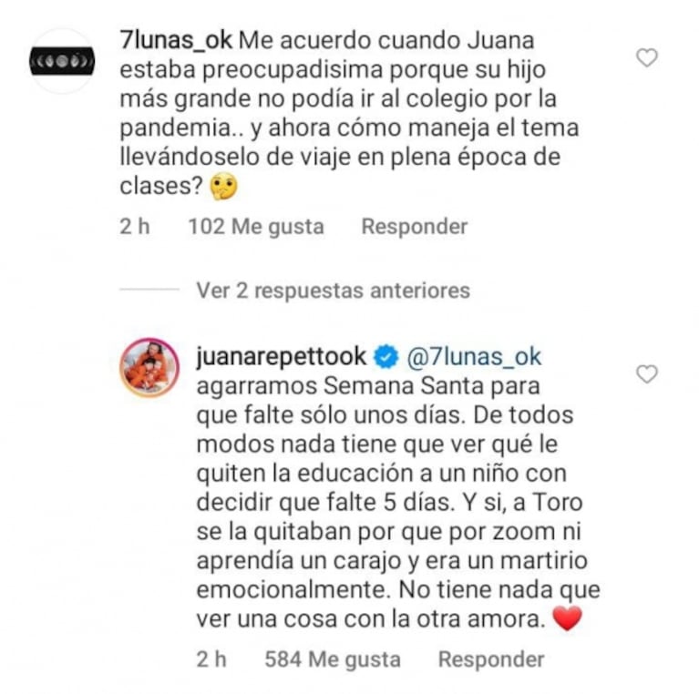 Juana Repetto se cruzó con una seguidora que la criticó por irse de vacaciones en época escolar: "Amora, no tiene nada que ver"